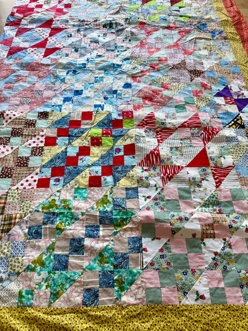 Very Large Colorful Vintage Homemade Hand Stitched Patchwork Quilt Top 106x93 - Picture 7 of 12